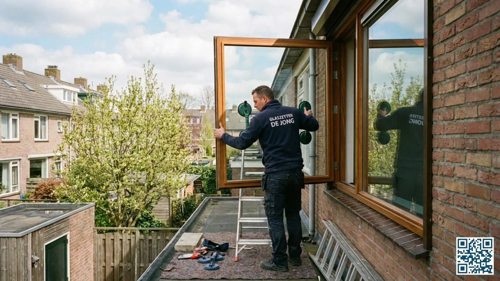 Glaszetter plaatst HR-glas in een Nederlands rijtjeshuis op een aangename voorjaarsdag met ontluikende bomen