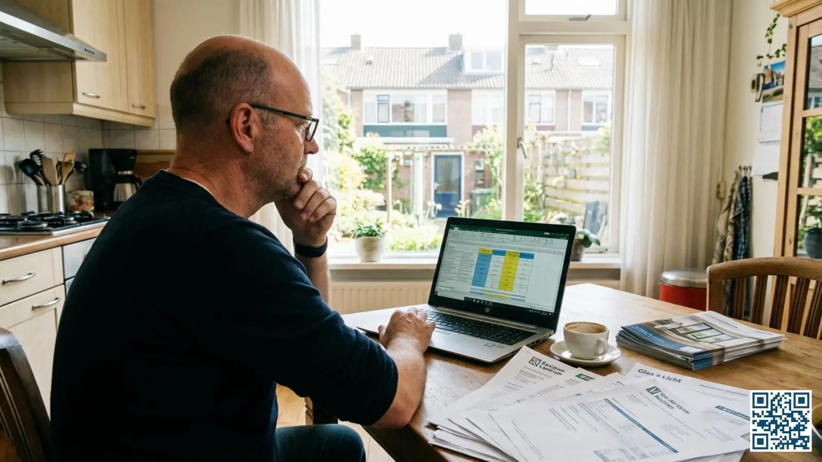 Nederlandse huiseigenaar vergelijkt aan de keukentafel offertes voor glasvervanging op een laptop