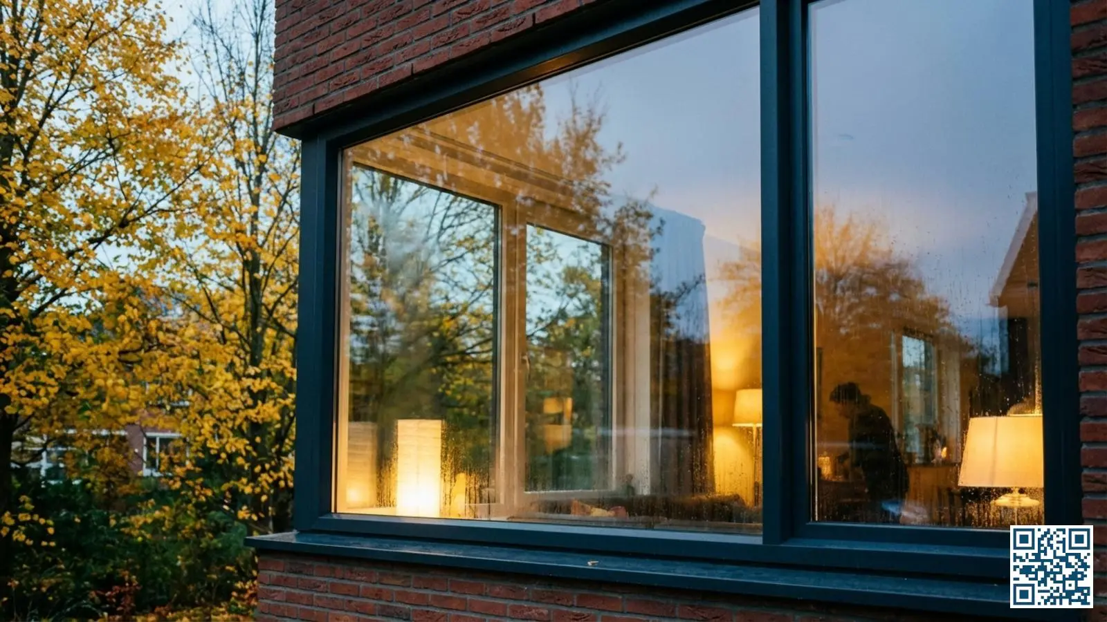 Modern raam met HR-glas in een Nederlands rijtjeshuis met herfstkleuren zichtbaar door het heldere glas