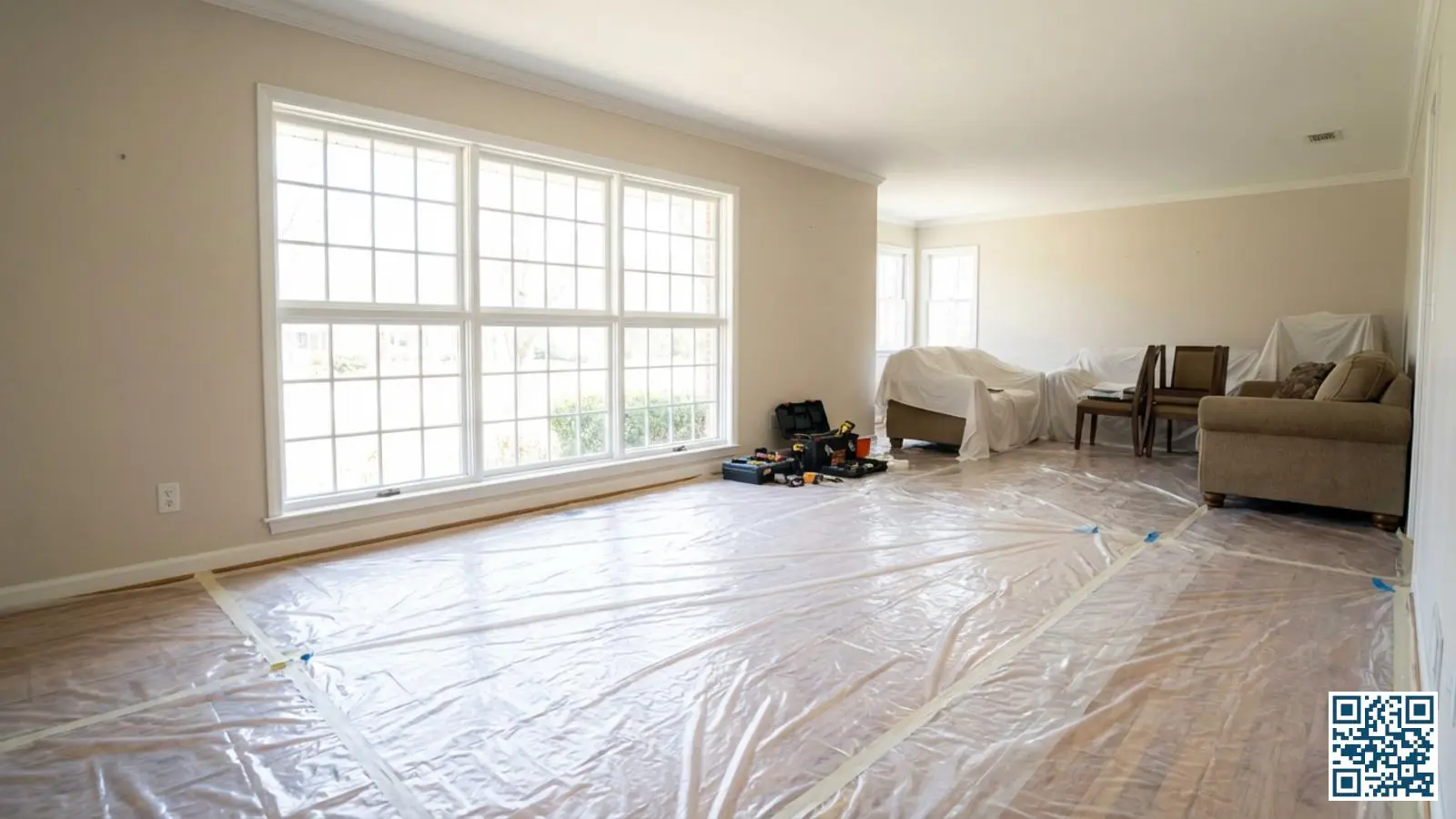 Lege ruimte voor een groot raam met beschermend zeil op de vloer klaar voor HR-glas vervanging