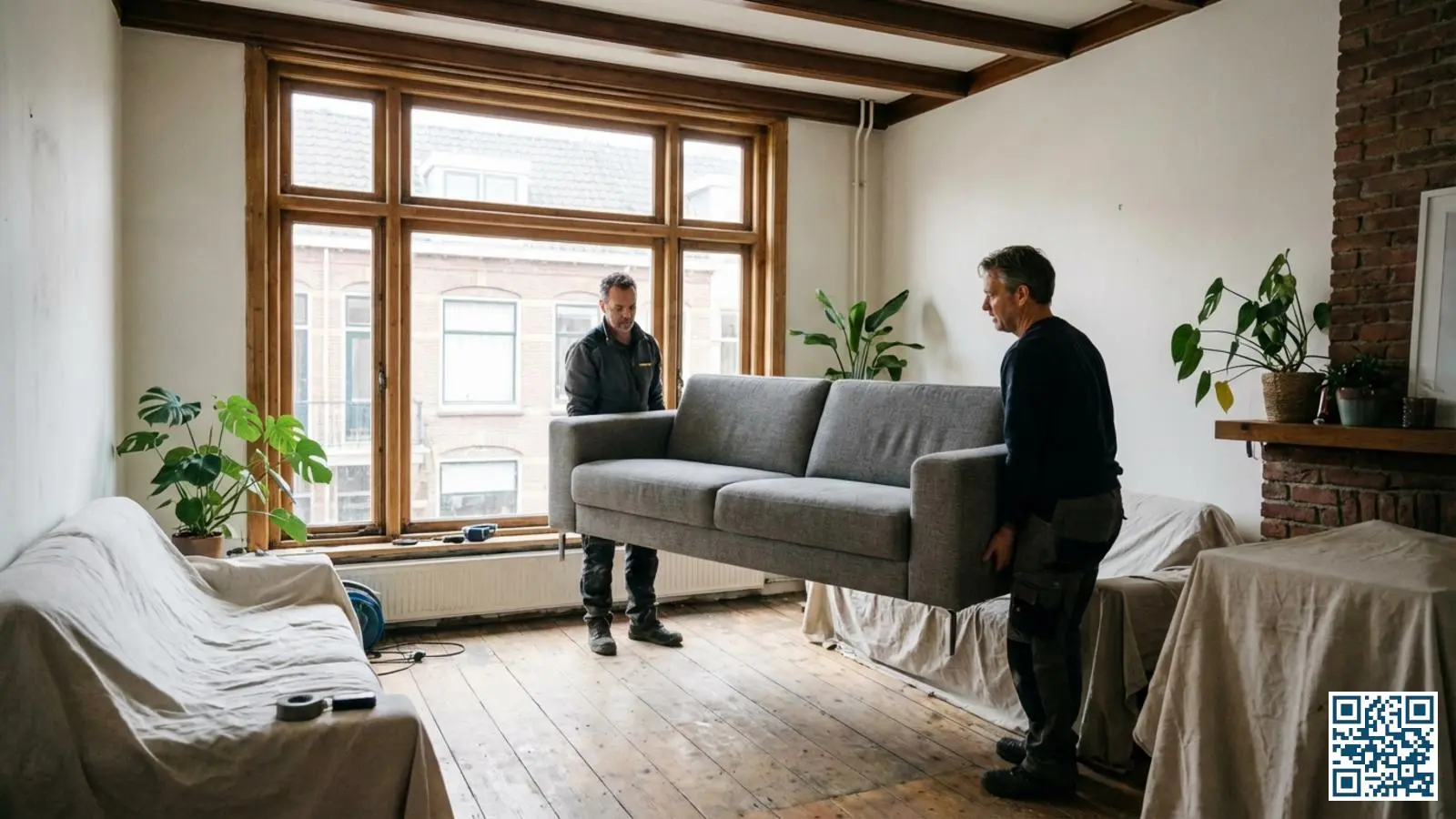 Nederlandse woonkamer waar bewoners meubels verplaatsen ter voorbereiding op glasvervanging met vrije ruimte bij het raam