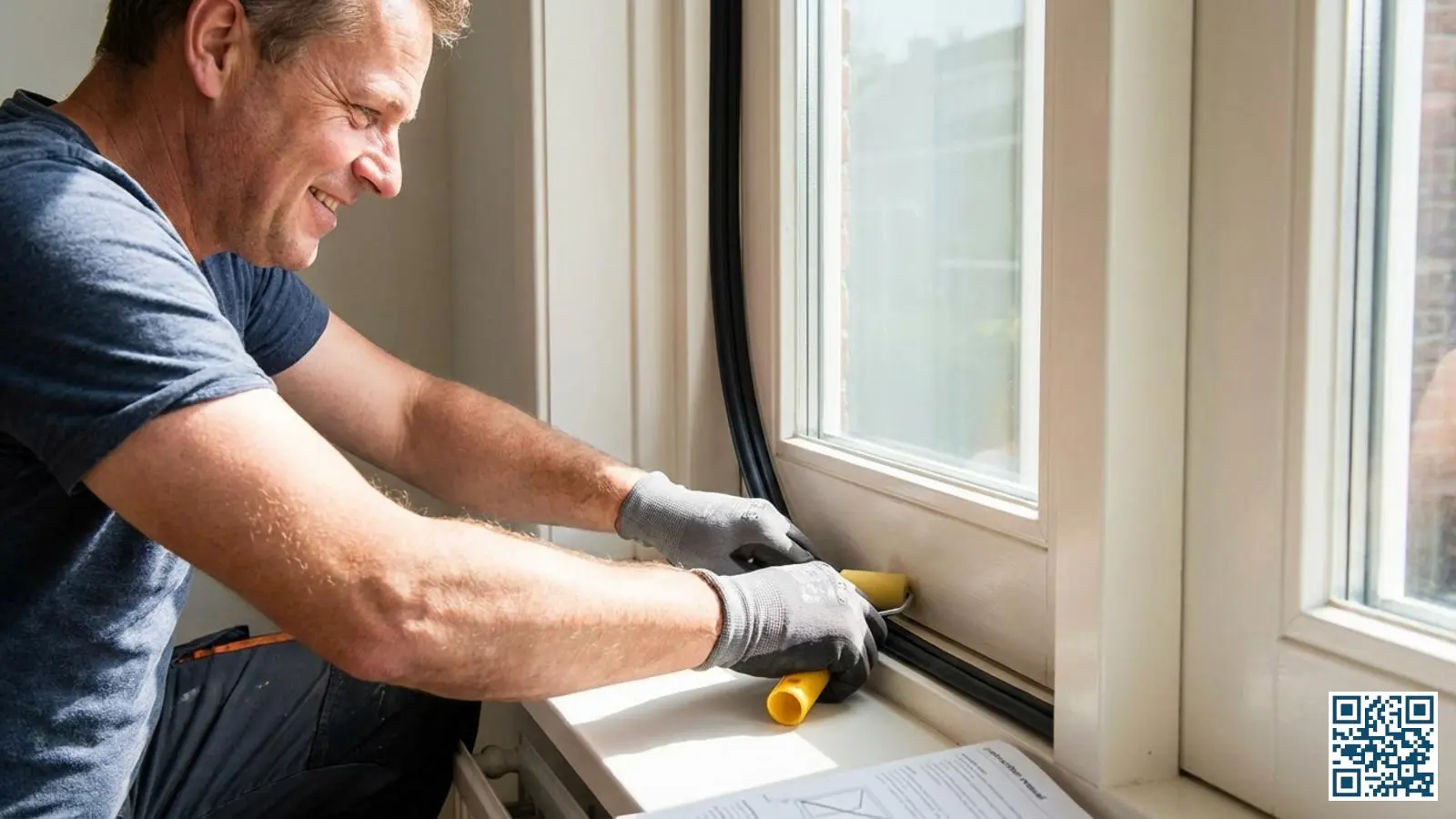 Huiseigenaar drukt een rubber tochtstrip in de sponning van een raamkozijn als veilige doe-het-zelf klus