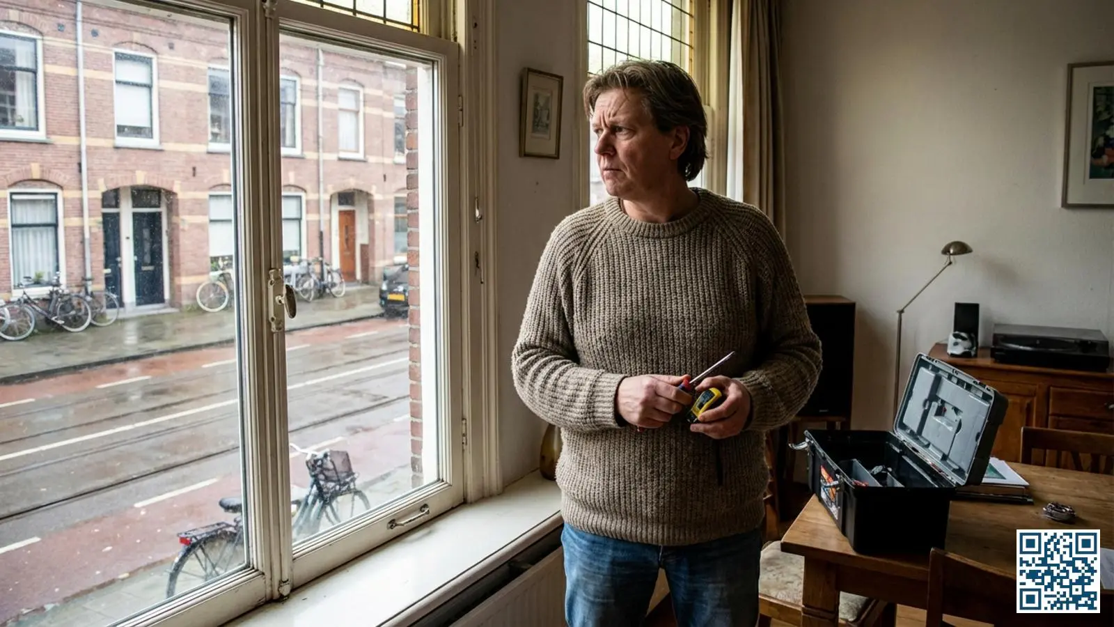 Huiseigenaar met gereedschap in handen kijkt twijfelend naar een groot raam in de woonkamer