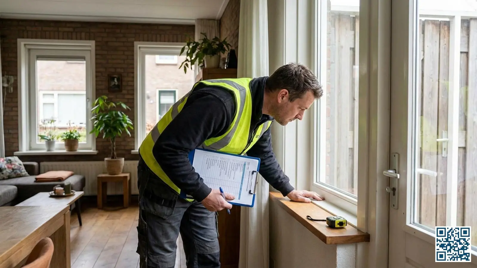 Inspecteur controleert de kwaliteit van geïnstalleerd isolatieglas in een Nederlandse woning tijdens een bouwkundige keuring