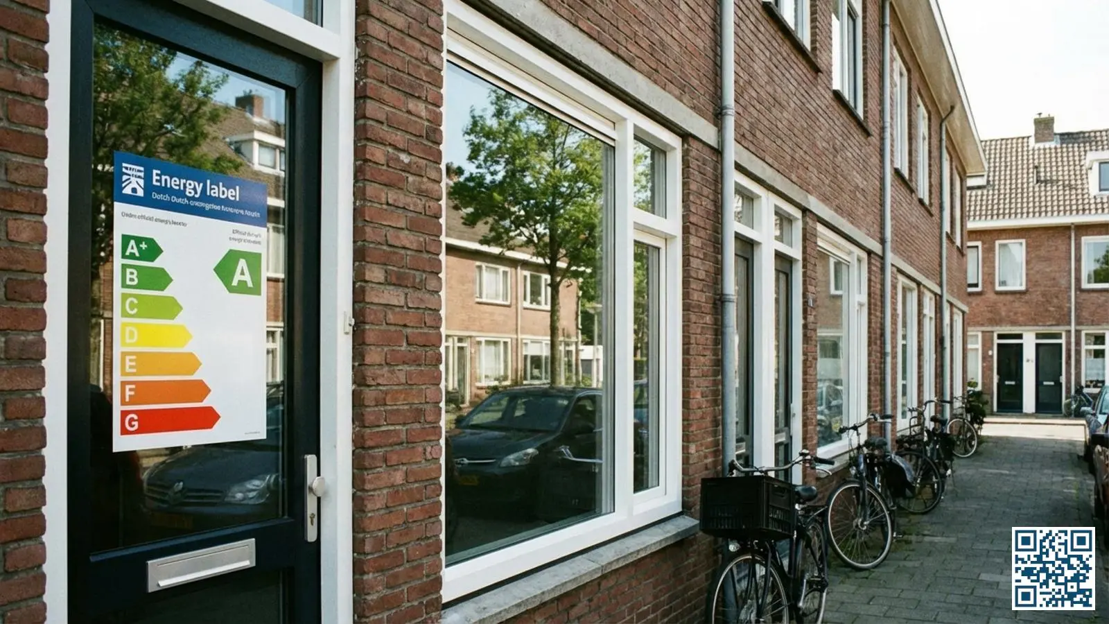 Nederlandse rijtjeswoning met nieuwe HR-glas ramen en zichtbaar energielabel op de voordeur