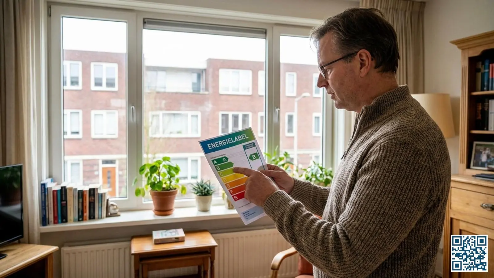 Huiseigenaar bestudeert energielabel document bij het raam in de woonkamer