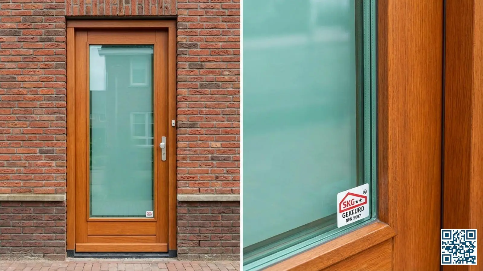 Moderne voordeur van Nederlandse woning met inbraakwerend glas en zichtbaar SKG-keurmerk