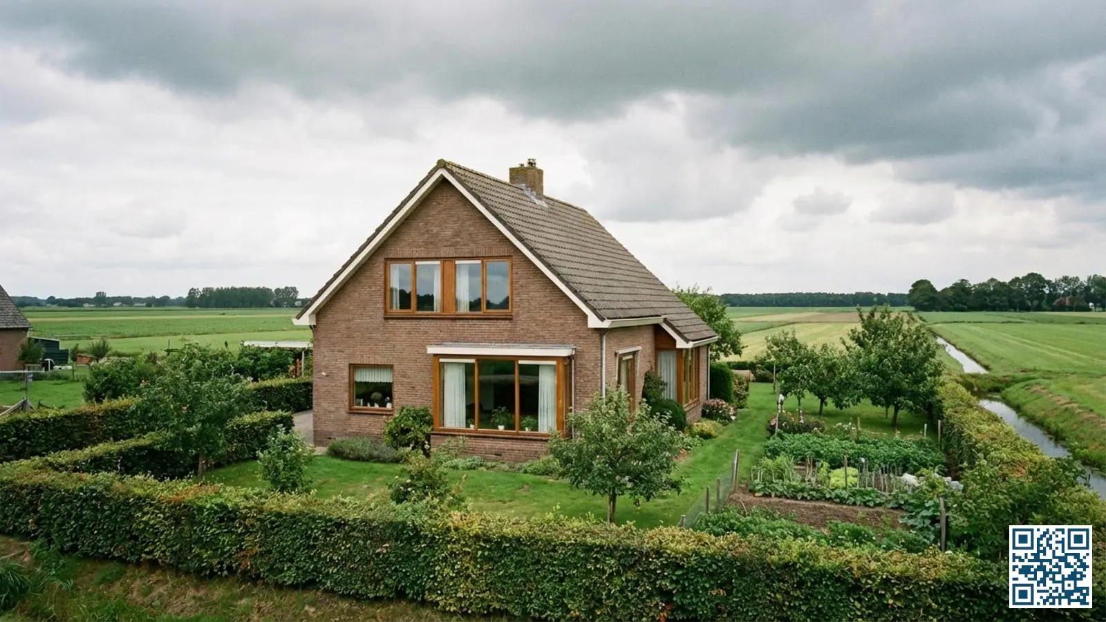 Vrijstaande woning met grote ramen in het landelijke Drentse platteland met weids uitzicht