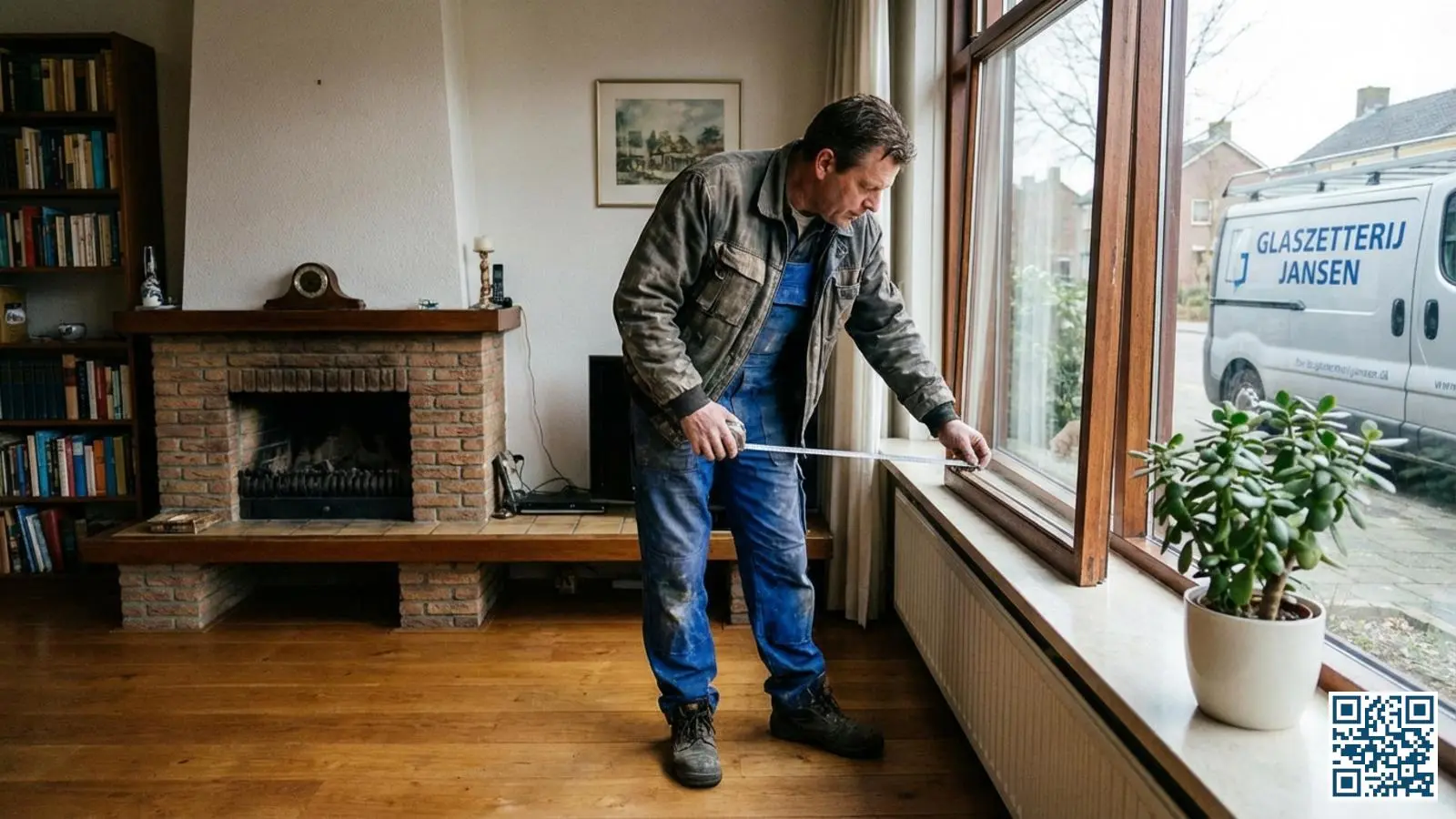 Glaszetter meet zorgvuldig een raamkozijn op voor nieuwe HR++ beglazing in een woning