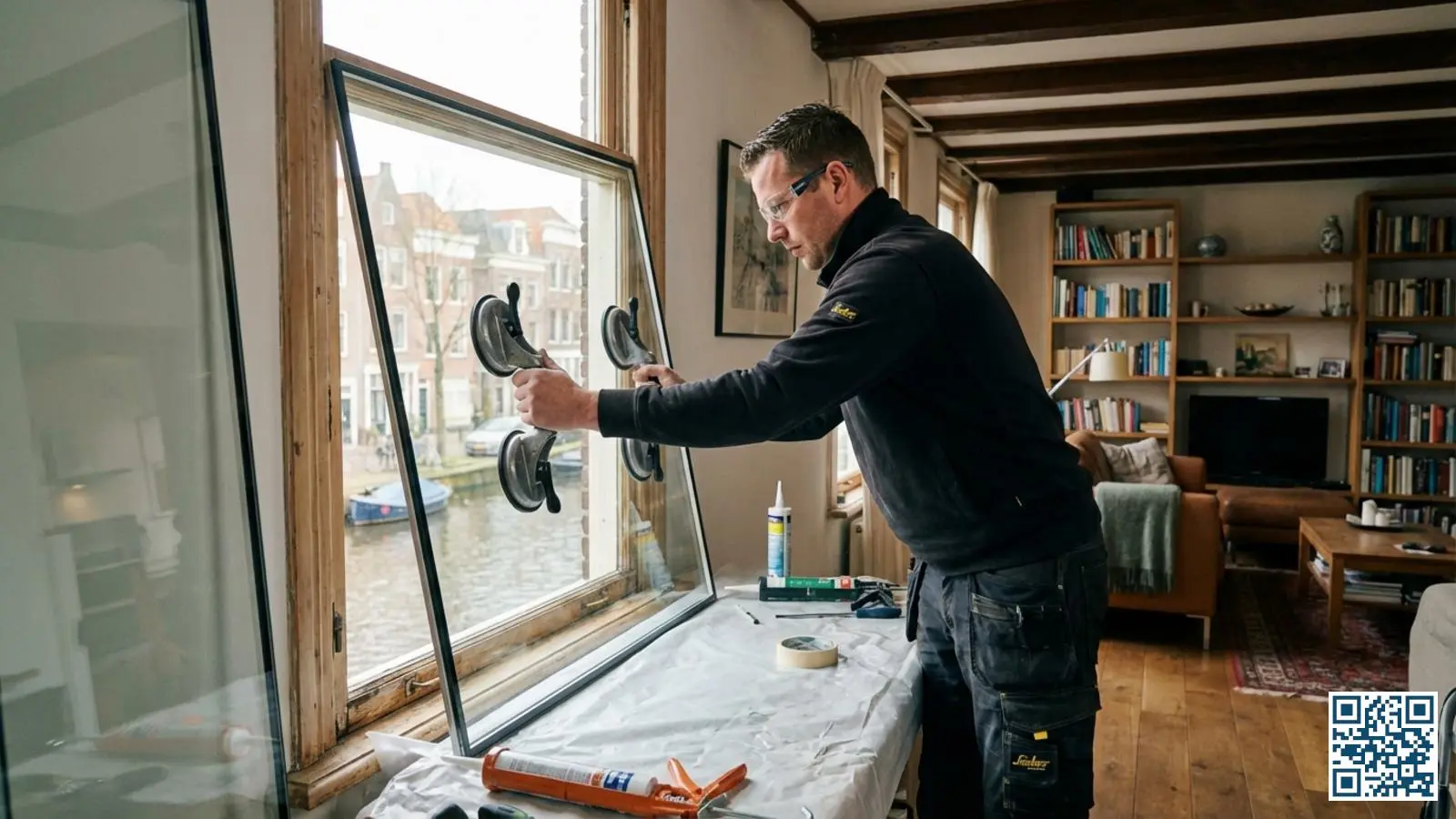 Professionele glaszetter plaatst zorgvuldig een nieuwe HR++ glasunit in een woningraam