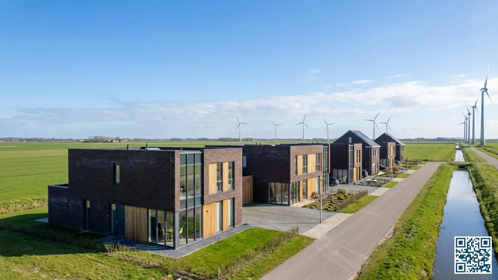 Moderne woningen in Flevoland met het vlakke open polderlandschap en windmolens op de achtergrond