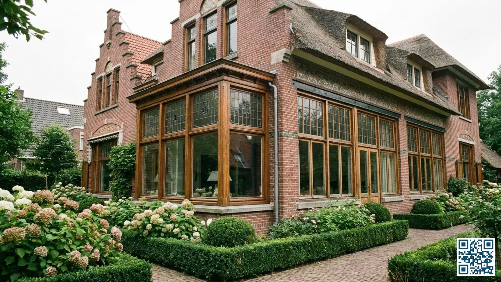 Karakteristieke Arnhemse villa met grote erker en uitgebreide glaspartijen in authentieke houten kozijnen