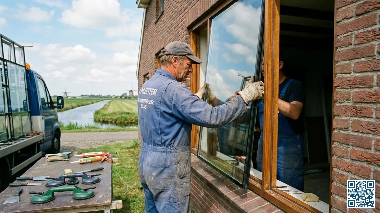 Professionele glaszetter plaatst nieuw HR-glas in een woning in landelijk Gelderland