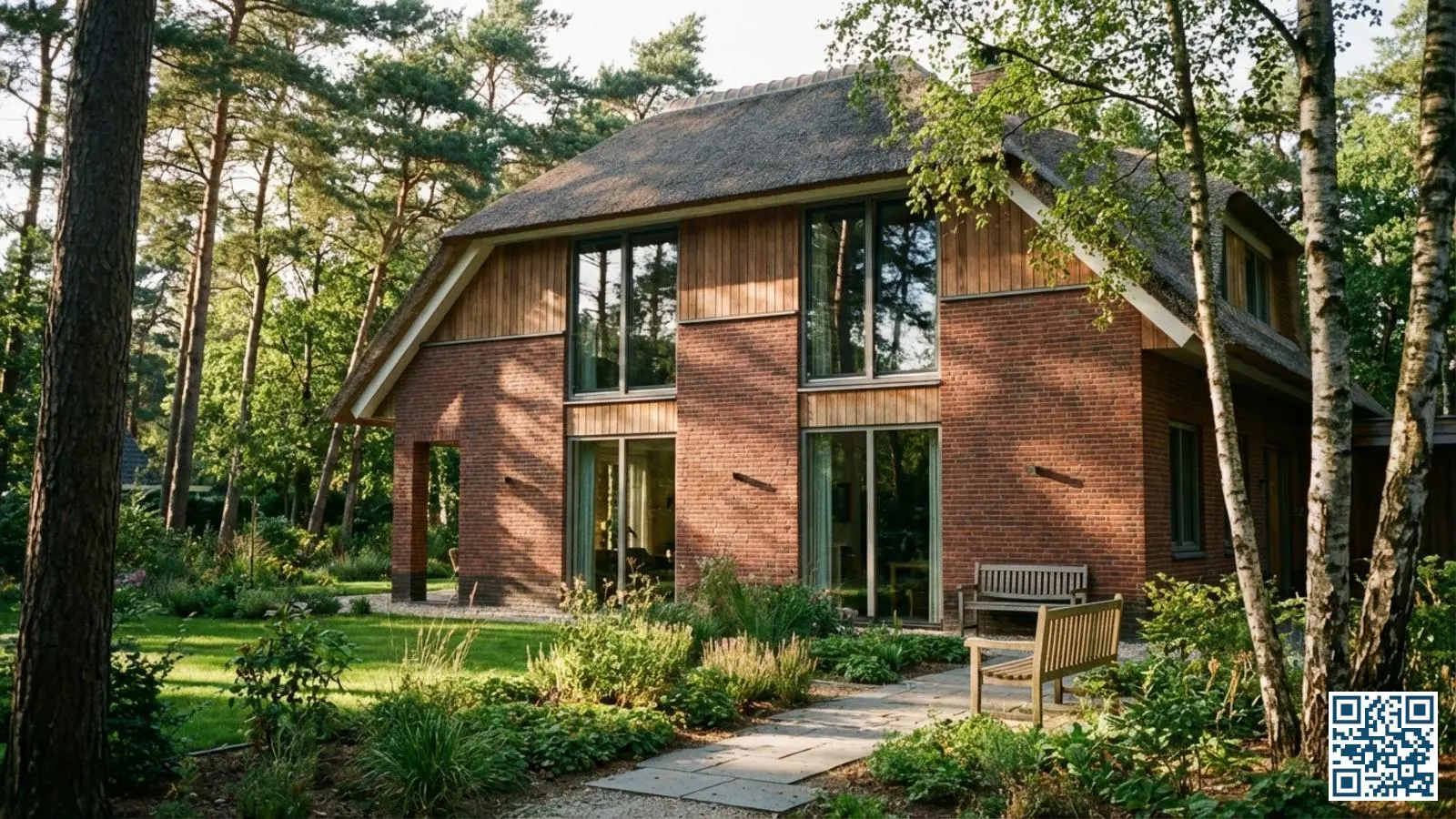 Vrijstaande woning op de Veluwe met grote ramen omgeven door bossen en groen in Gelderland