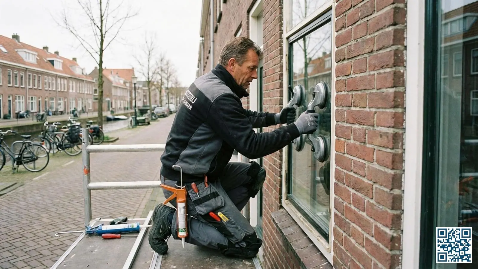 Professionele glaszetter plaatst nieuw HR-glas bij een Nederlandse rijtjeswoning in een woonwijk