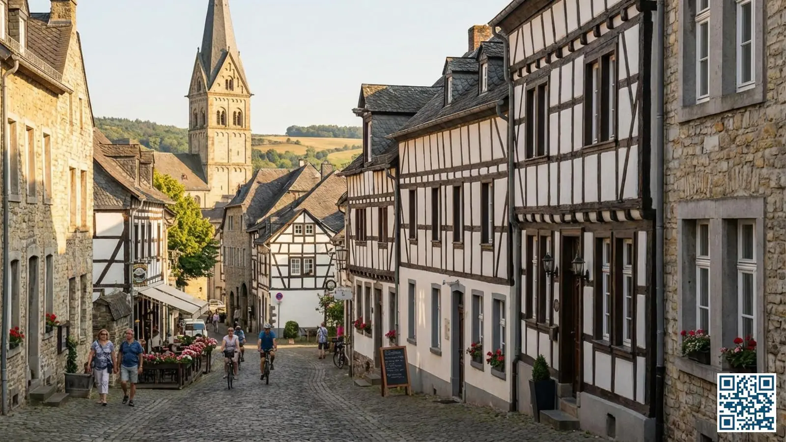 Historische Limburgse dorpskern met vakwerkhuizen en mergelstenen gebouwen aan een geplaveide straat