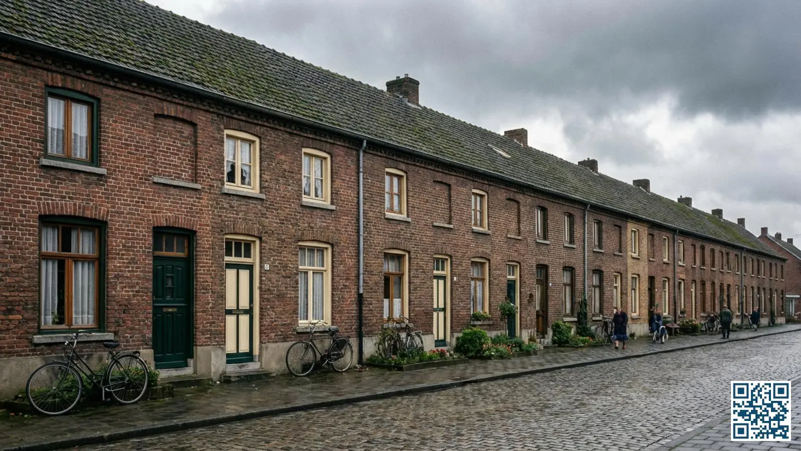 Rij karakteristieke Limburgse mijnwerkerswoningen met originele houten kozijnen en kleine ramen