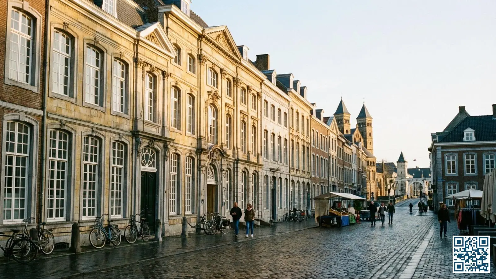 Historische binnenstad van Maastricht met karakteristieke kalkstenen herenhuizen en grote ramen met roedeverdelingen