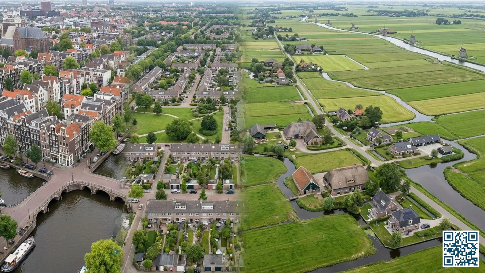 Luchtfoto die de diversiteit aan Nederlandse woningtypen toont van grachtenpanden tot vrijstaande boerderijen
