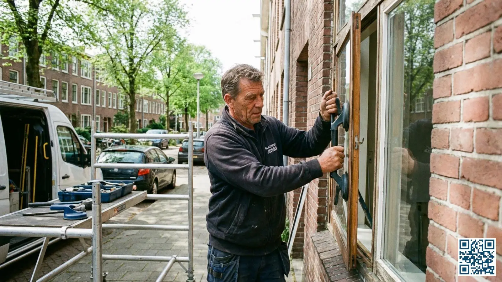 Professionele glaszetter plaatst nieuw HR-glas in een woning in een Eindhovense woonwijk