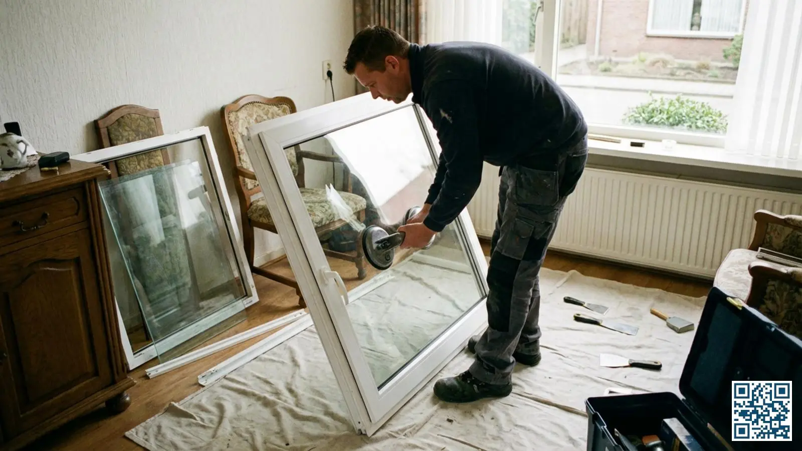 Glaszetter vervangt verouderd dubbelglas door nieuw HR-glas in een Brabantse woning