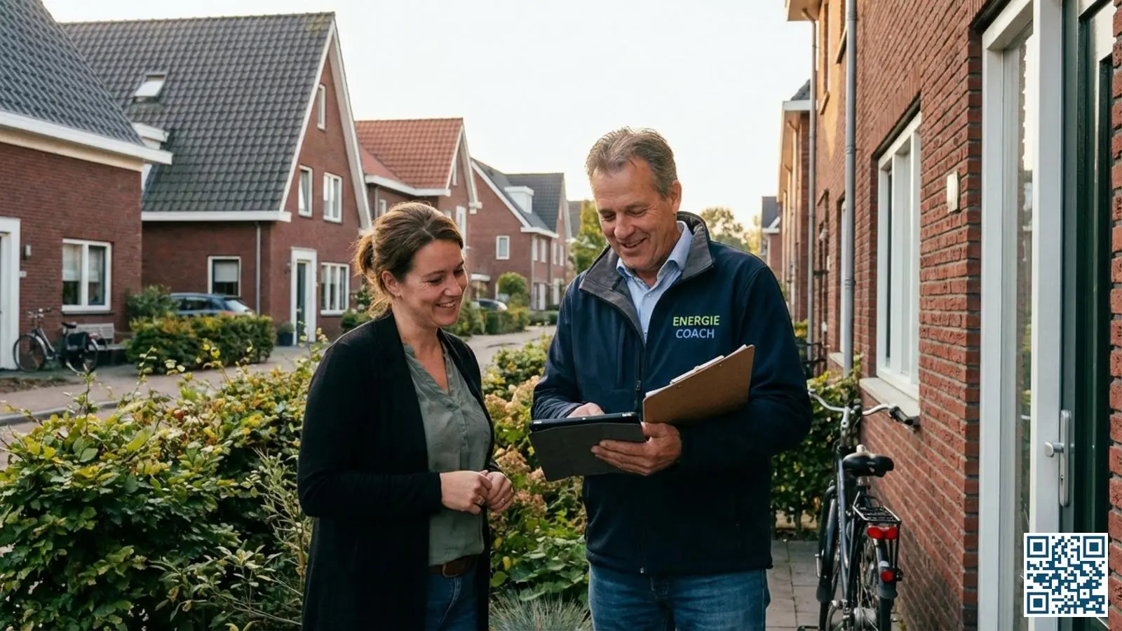 Energiecoach in gesprek met woningeigenaar over verduurzaming en glasvervanging in een Tilburgse wijk
