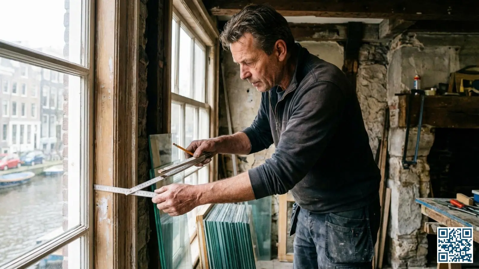 Glaszetter plaatst zorgvuldig nieuw glas in een monumentaal houten kozijn in een Amsterdams pand
