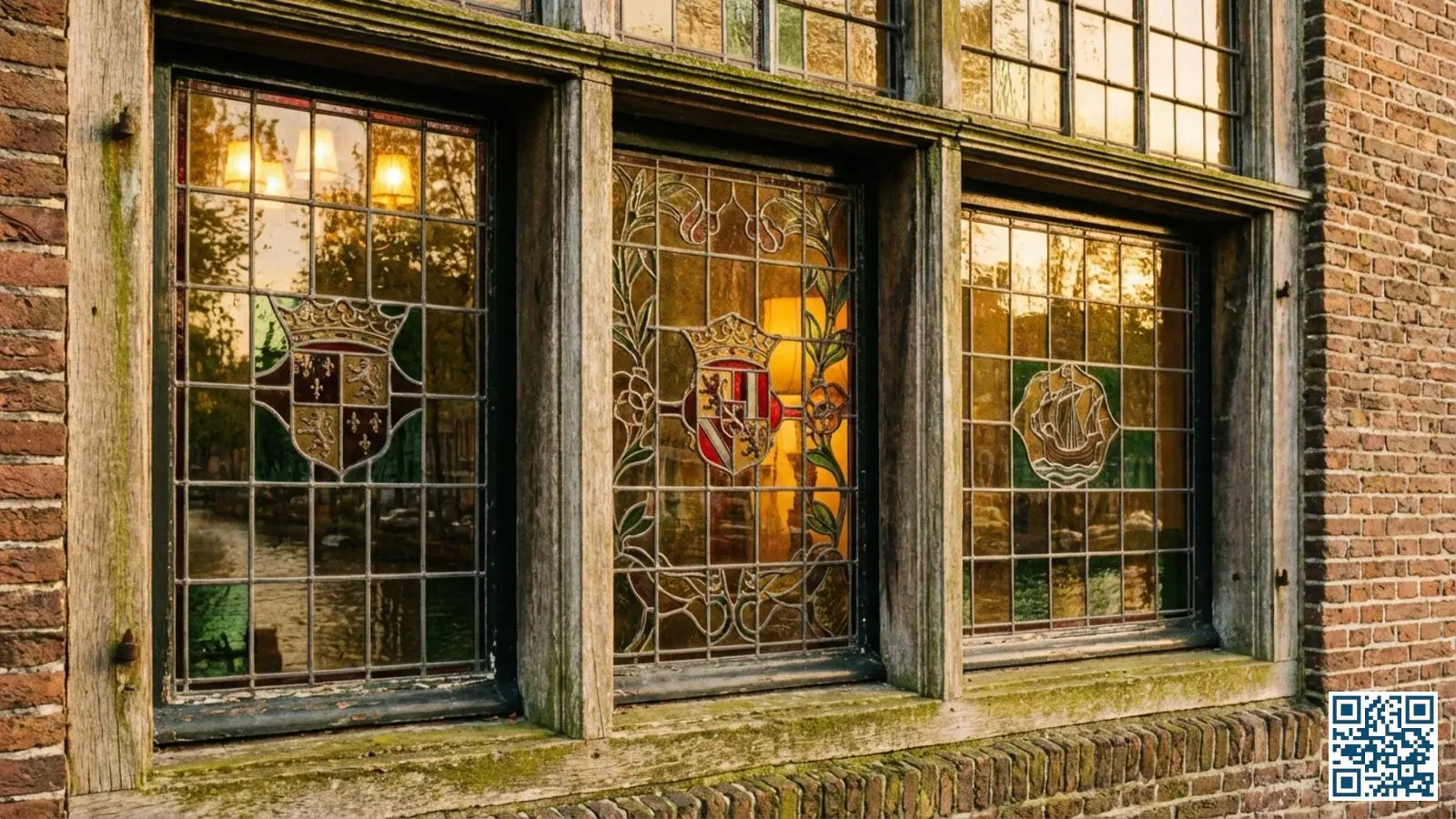 Detail van een historisch Amsterdams raam met decoratief glas-in-lood in een klassiek grachtenpand
