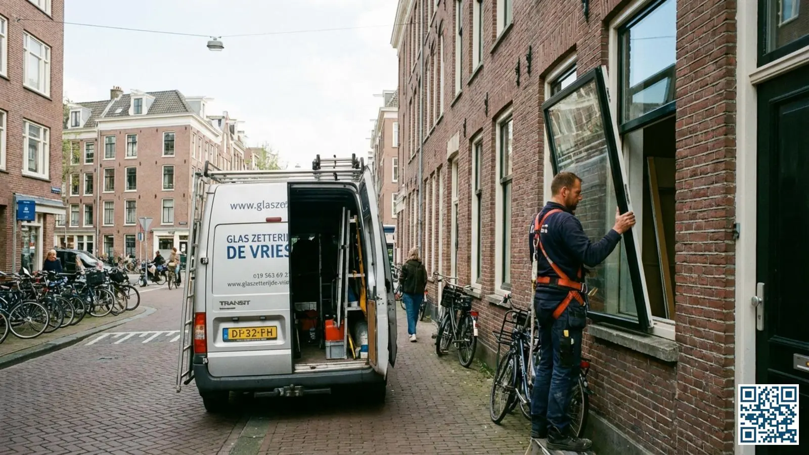Glaszetter vervangt glas bij een appartementengebouw in een stedelijke Noord-Hollandse omgeving met werkbus op straat