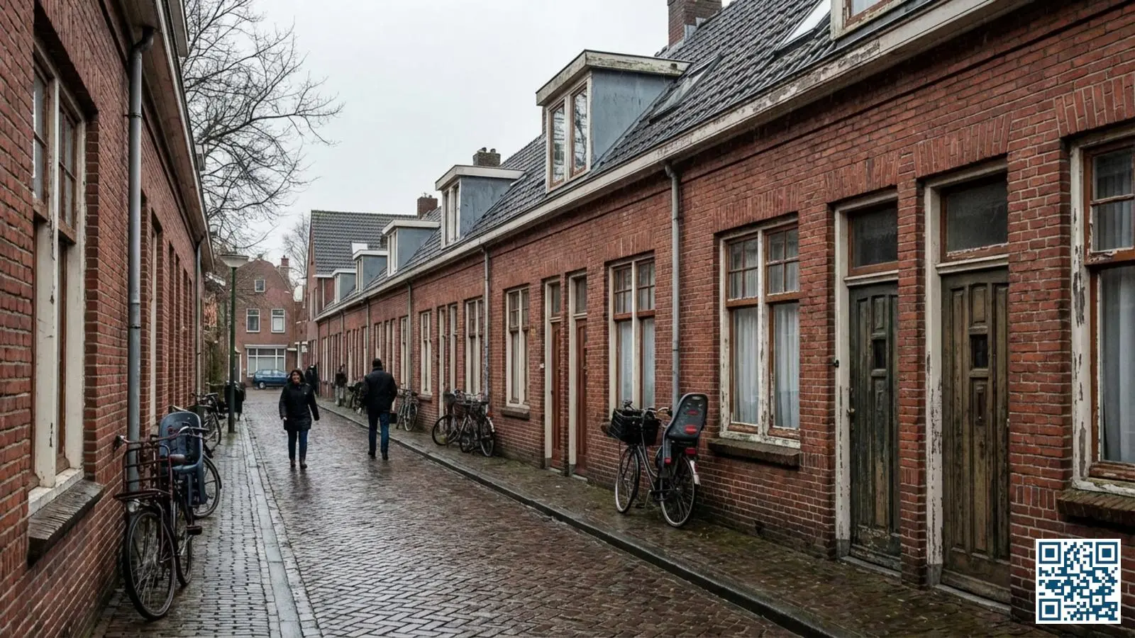 Straat met rode bakstenen textielarbeiderswoningen in Enschede met karakteristieke kleine ramen en houten kozijnen