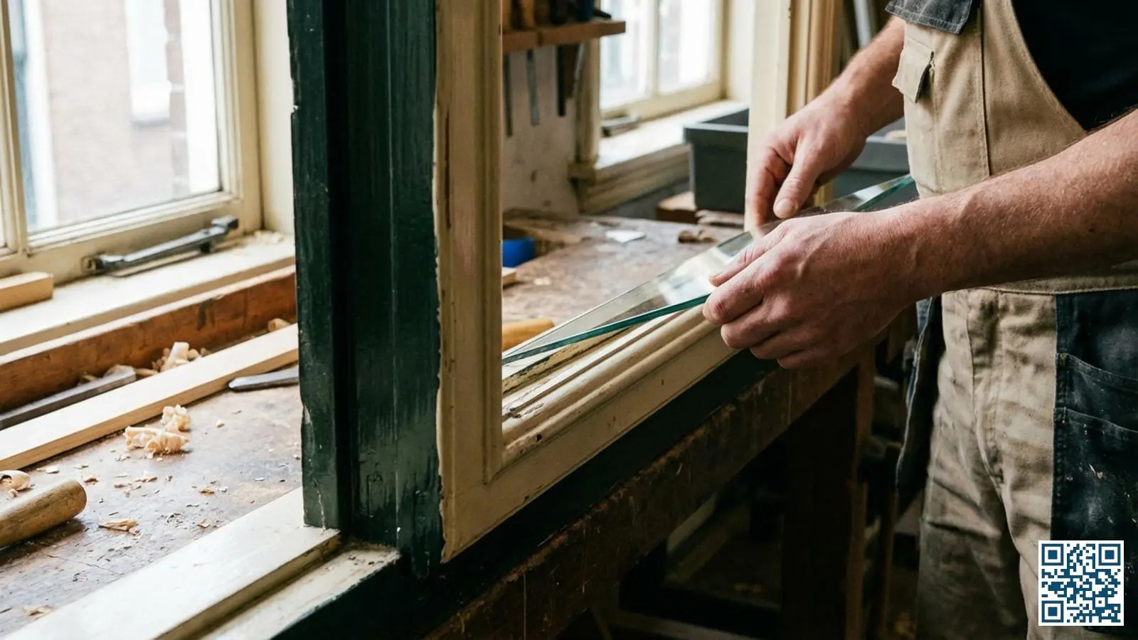 Close-up van een historisch houten kozijn waarin dun isolatieglas wordt geplaatst voor monumentenbehoud