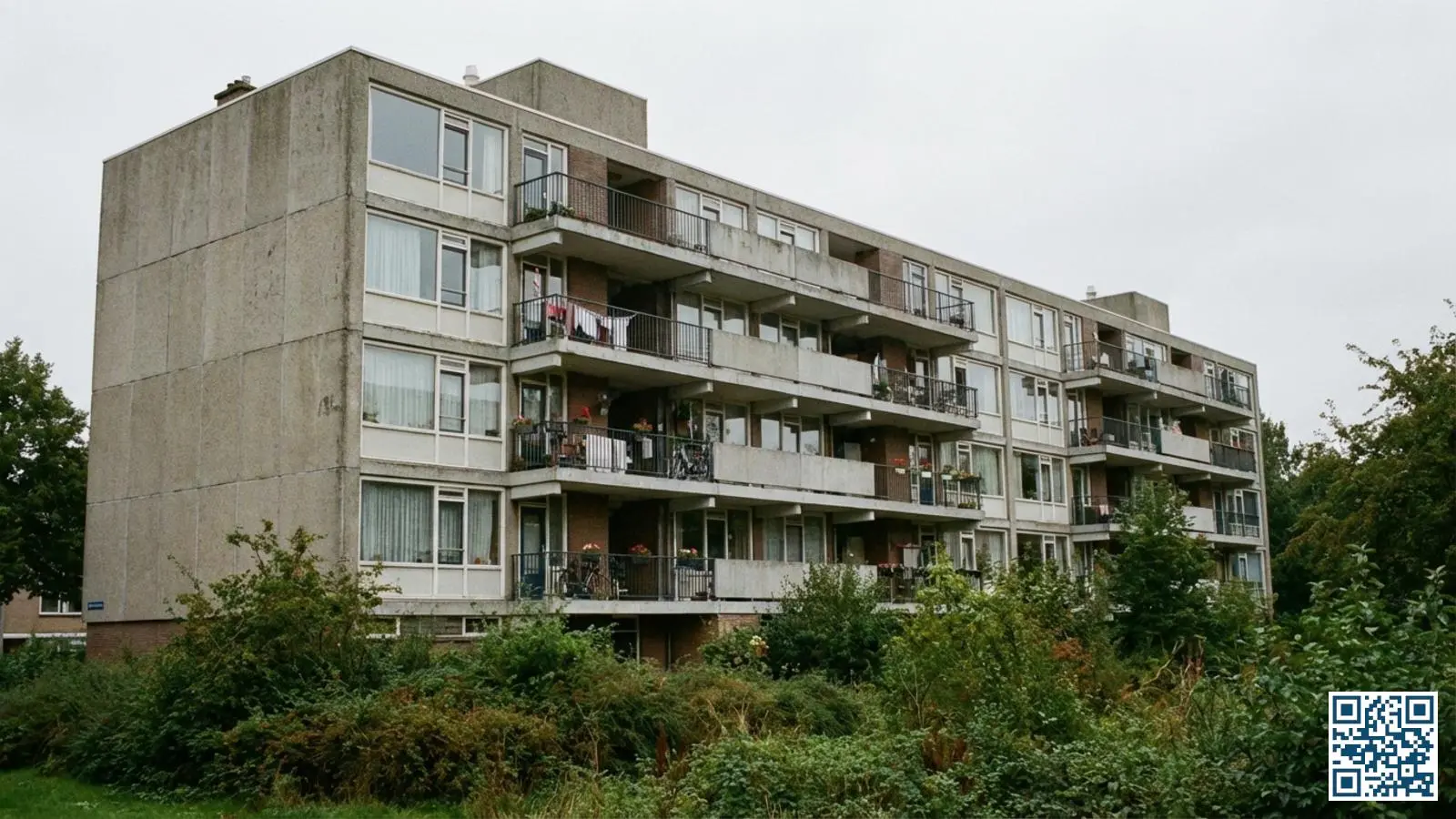 Typische portiekflat uit de jaren zestig in een Utrechtse naoorlogse wijk met verouderde ramen