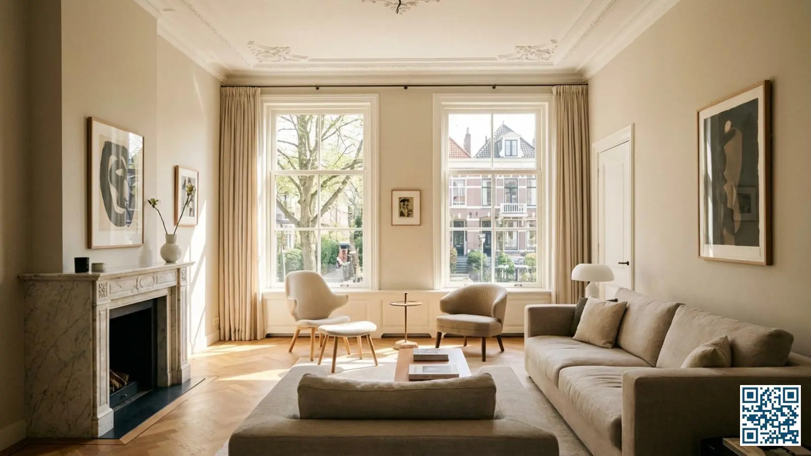 Lichte woonkamer in een gerenoveerd Haags herenhuis met nieuw geïnstalleerd HR-glas en hoge plafonds