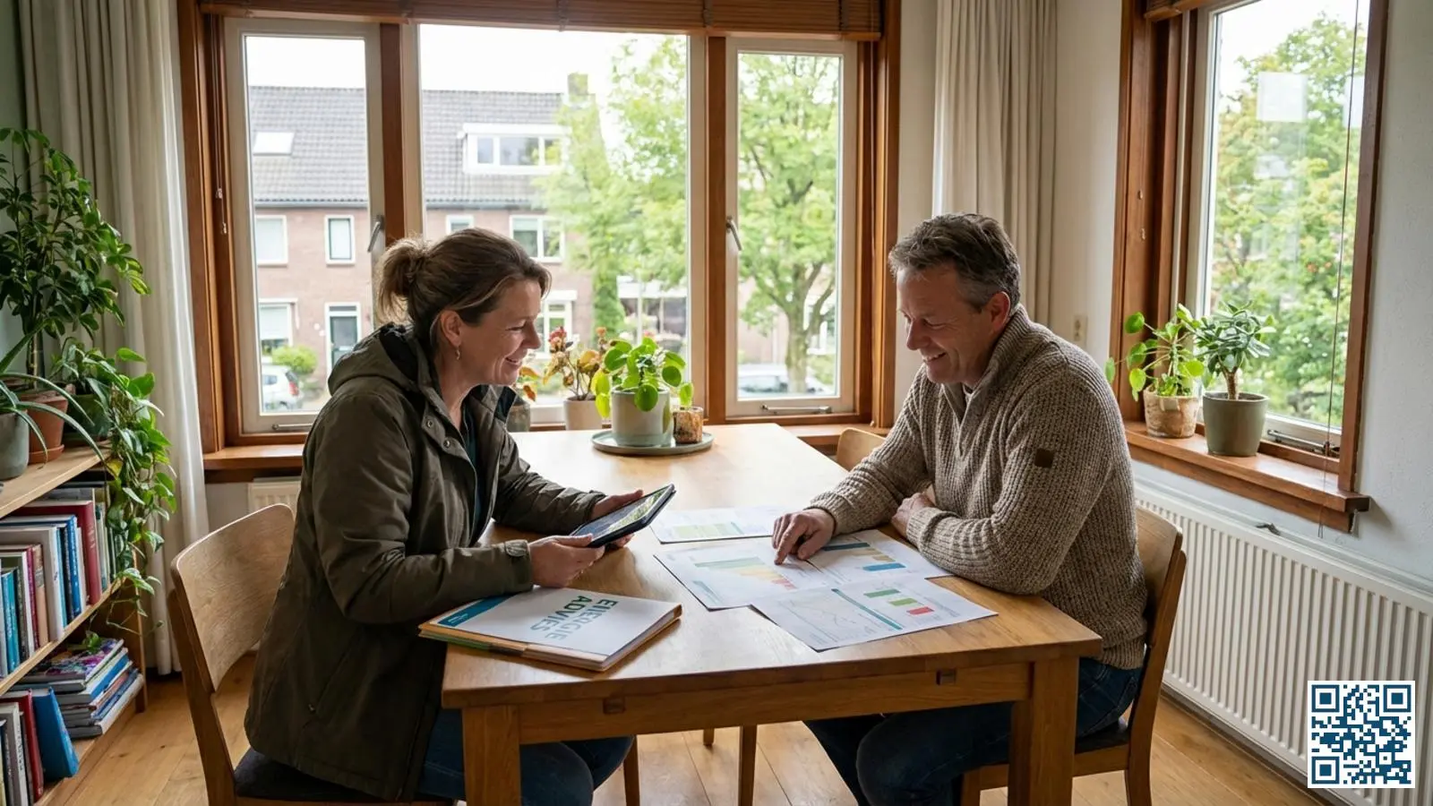 Energiecoach geeft advies aan een huiseigenaar over verduurzaming en glasvervanging in de woonkamer