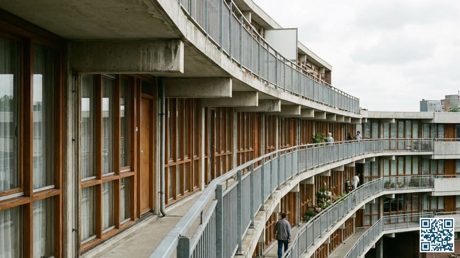 Galerijflat in Rotterdam met kenmerkende galerijen en identieke raampartijen uit de jaren zestig