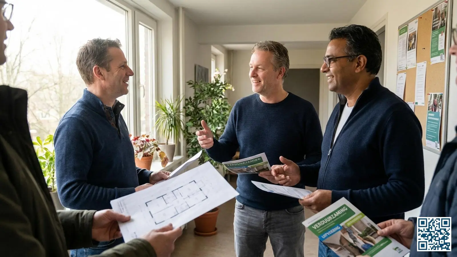 Bewoners van een appartementencomplex in overleg over gezamenlijke glasvervanging voor hun VvE