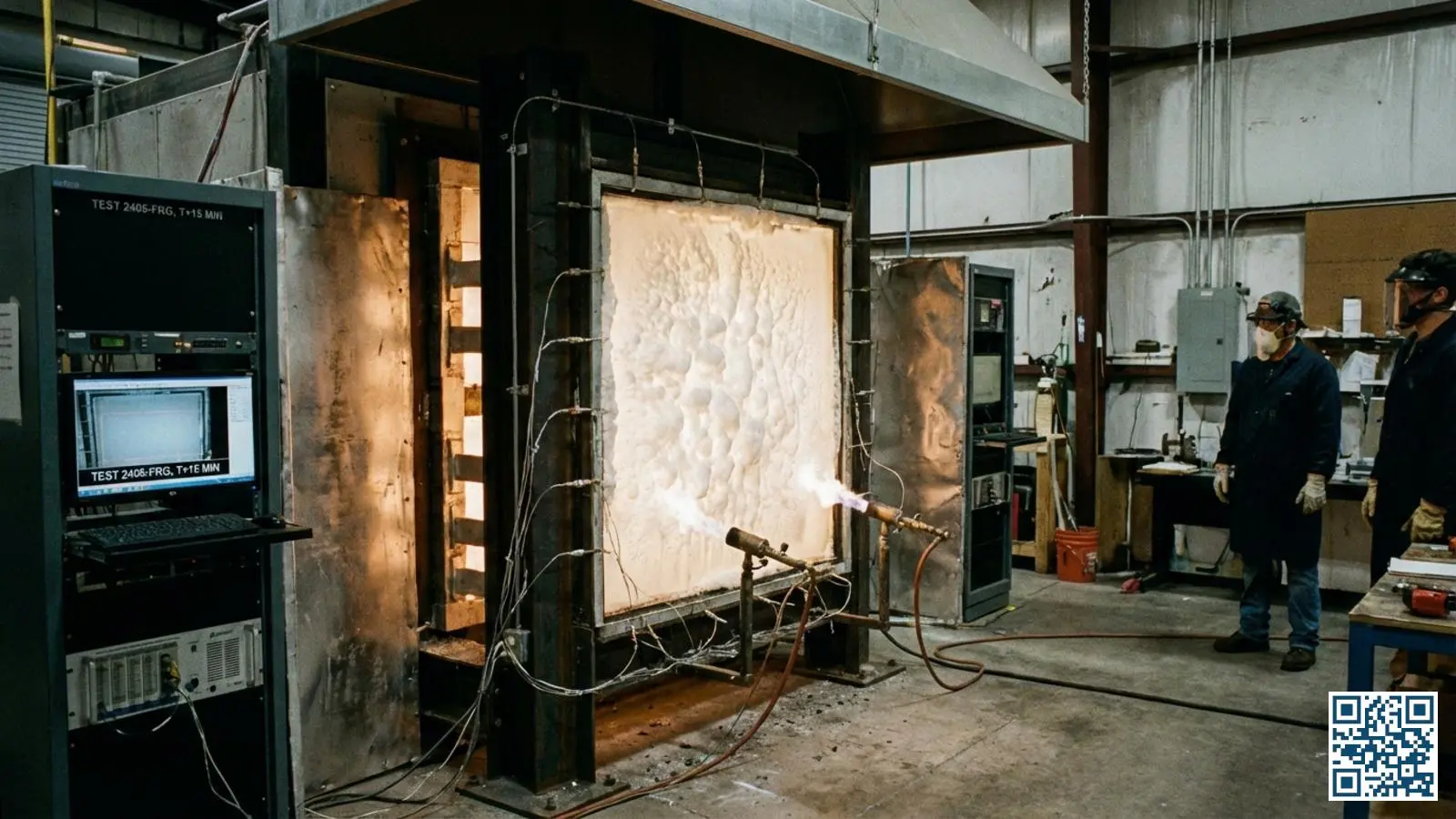 Laboratoriumtest van brandwerend glas waarbij de intumescerende lagen opschuimen door hitte