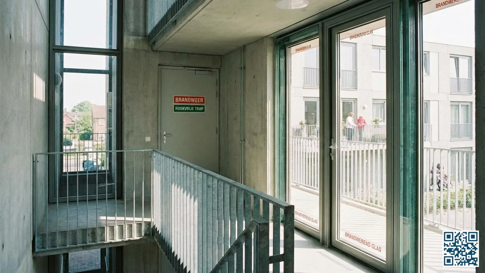 Trappenhuis van een Nederlands appartementencomplex met brandwerende glazen deuren en ramen