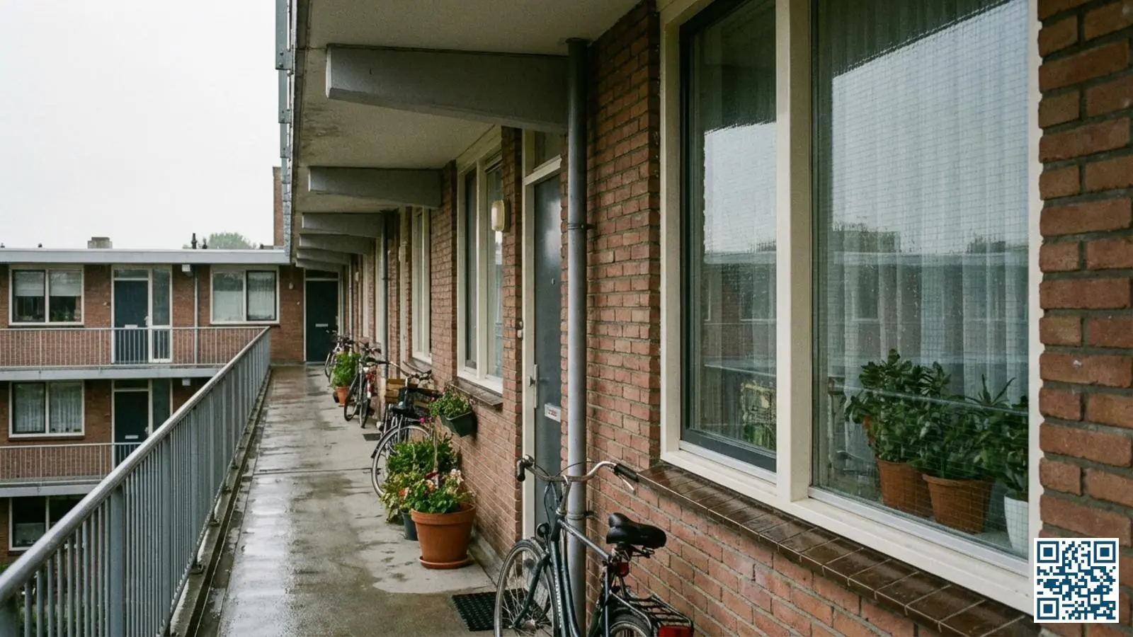 Galerij van een Nederlands appartementencomplex met brandwerende ramen tussen woningen en vluchtweg