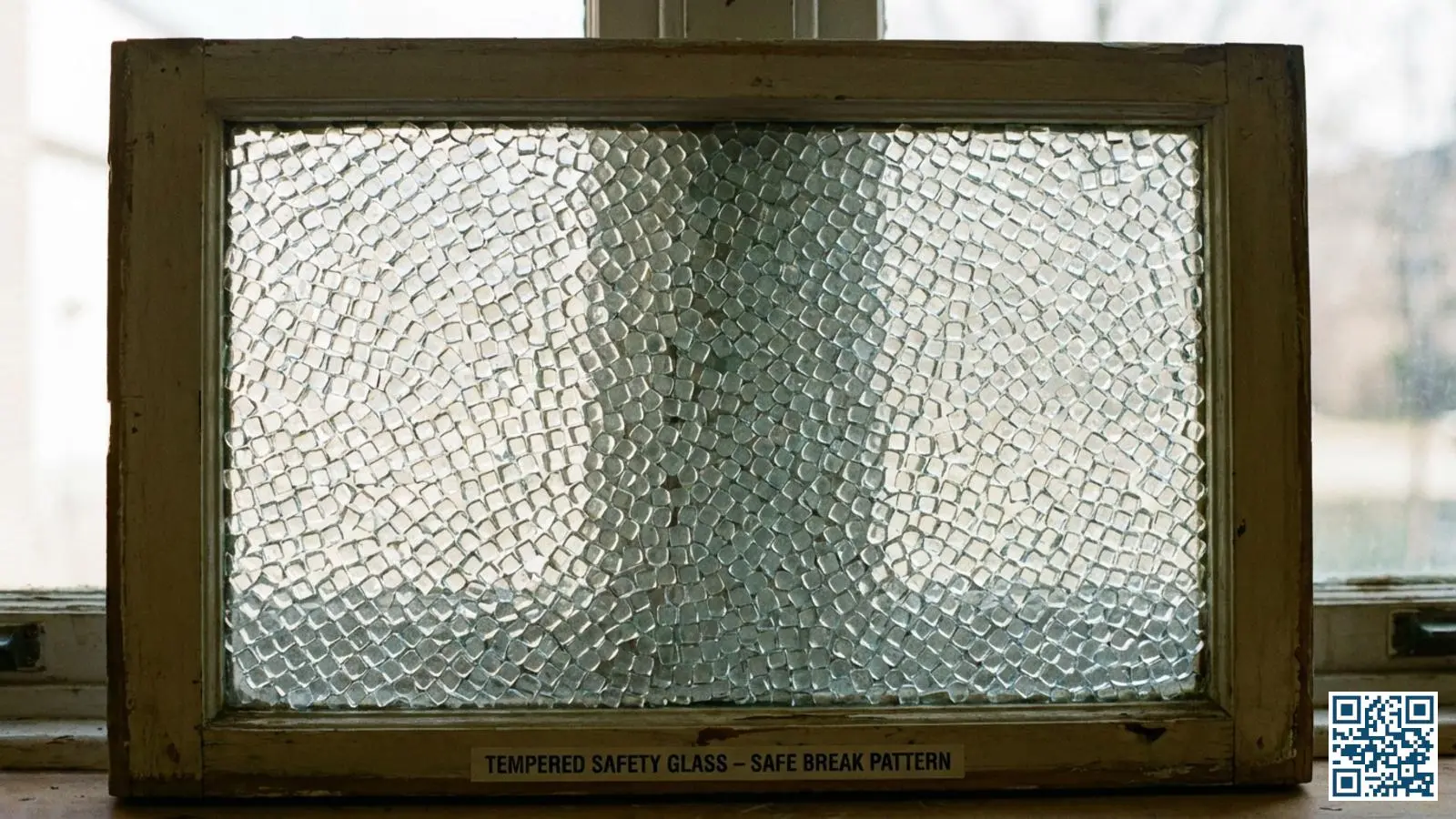 Gebroken gehard veiligheidsglas met kenmerkend korrelpatroon dat veilig uiteenvalt in stompe stukjes