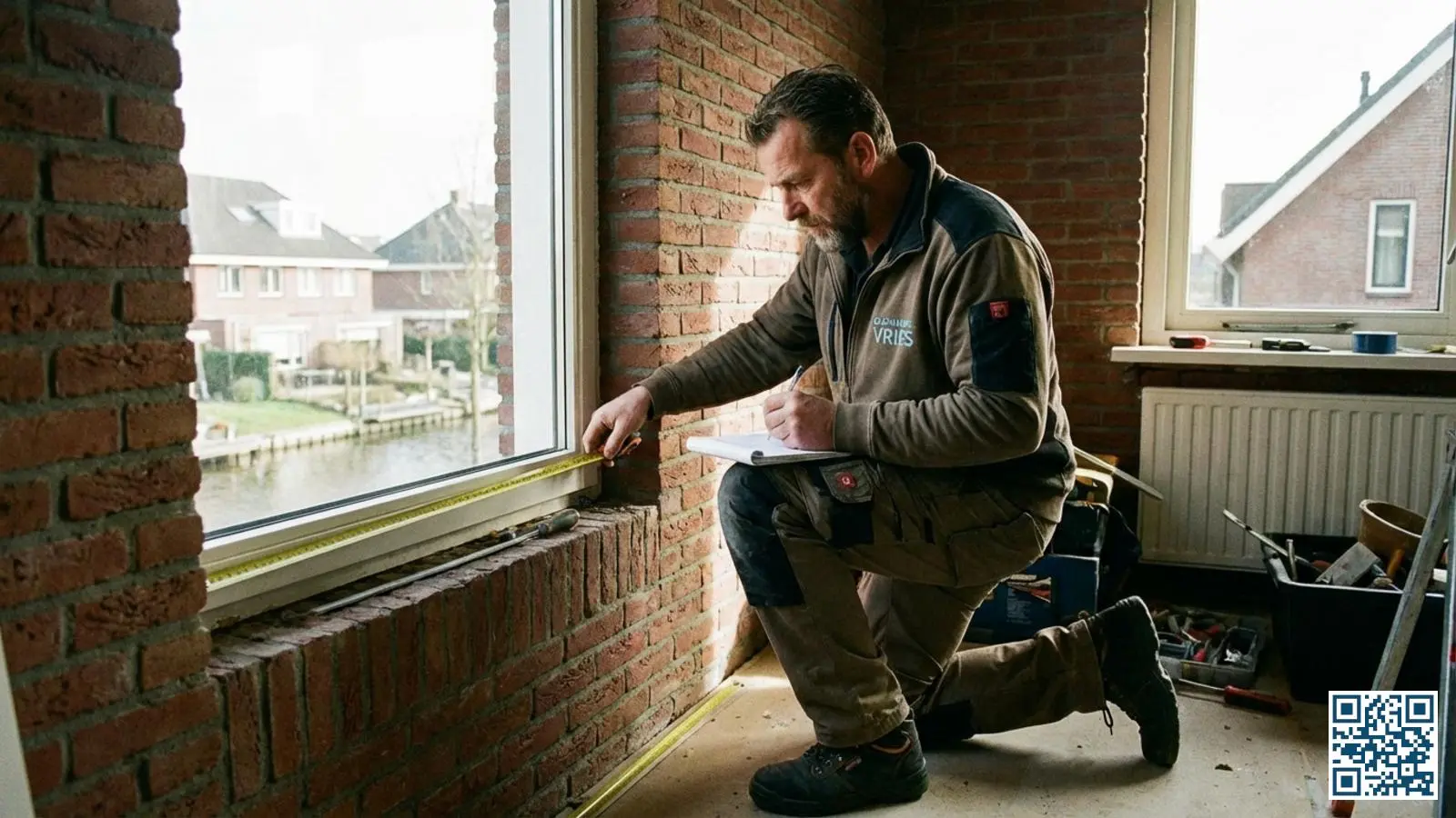 Glaszetter meet zorgvuldig een raamkozijn op voor de bestelling van gehard veiligheidsglas