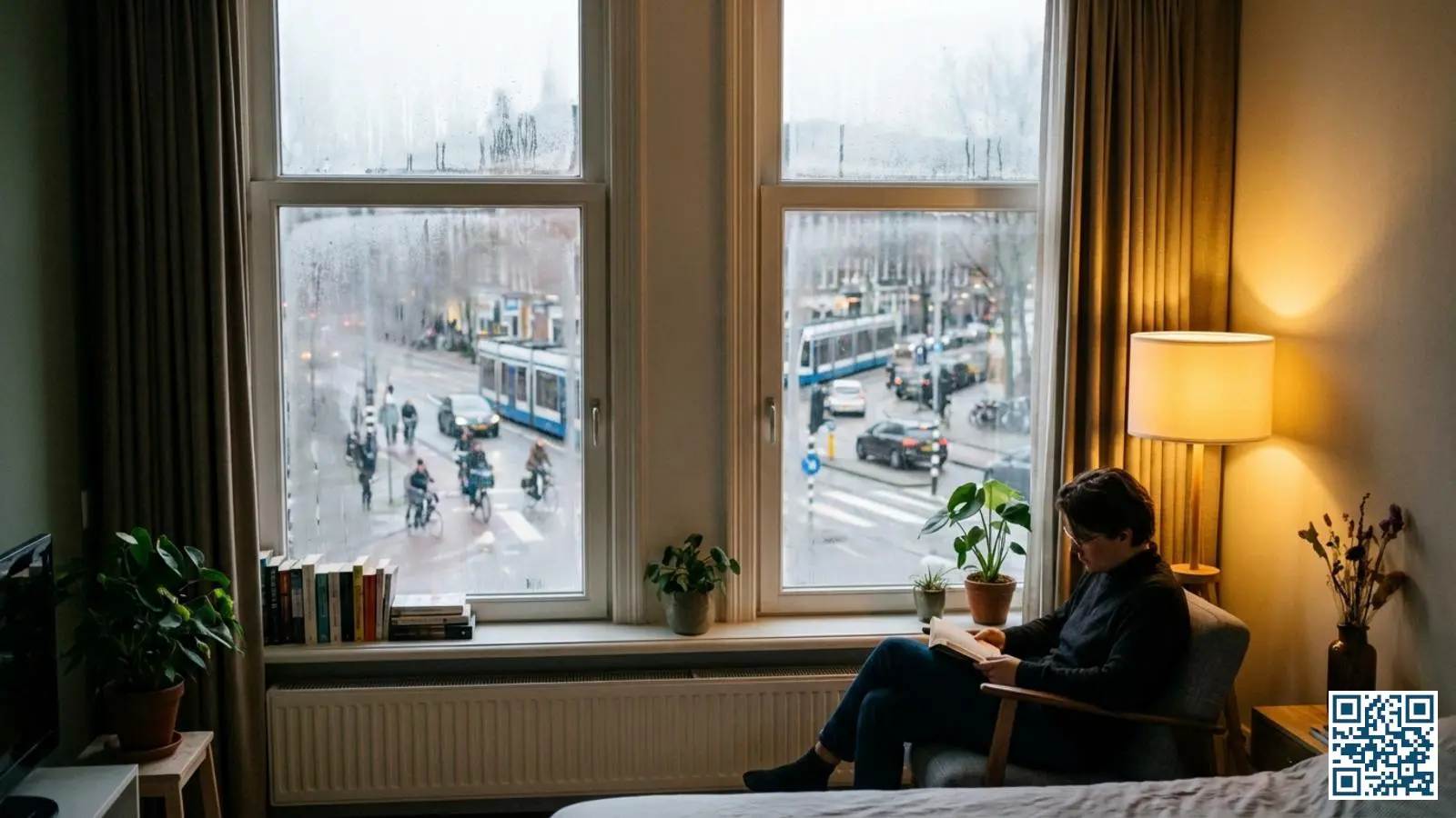 Slaapkamer met geluidwerend HR++ glas aan een drukke straat waar een bewoner rustig leest ondanks het verkeer buiten