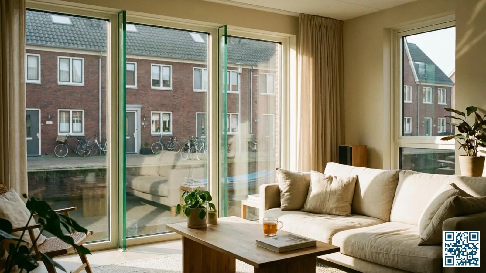 Moderne woonkamer met groot HR++ glazen raam waar helder daglicht doorheen schijnt op een Nederlandse straat