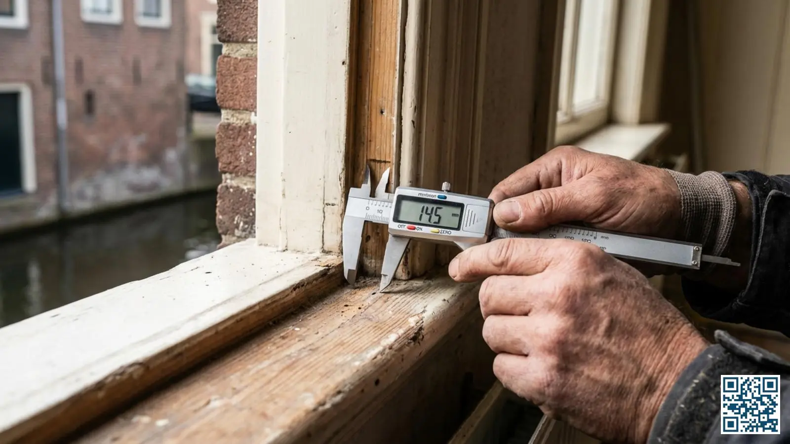 Glaszetter meet de sponningdiepte van een bestaand houten kozijn met meetgereedschap voor glasvervanging