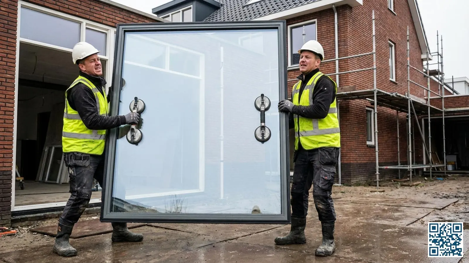 Twee glaszetters tillen samen een zwaar triple glas paneel op een bouwplaats van een Nederlandse woning