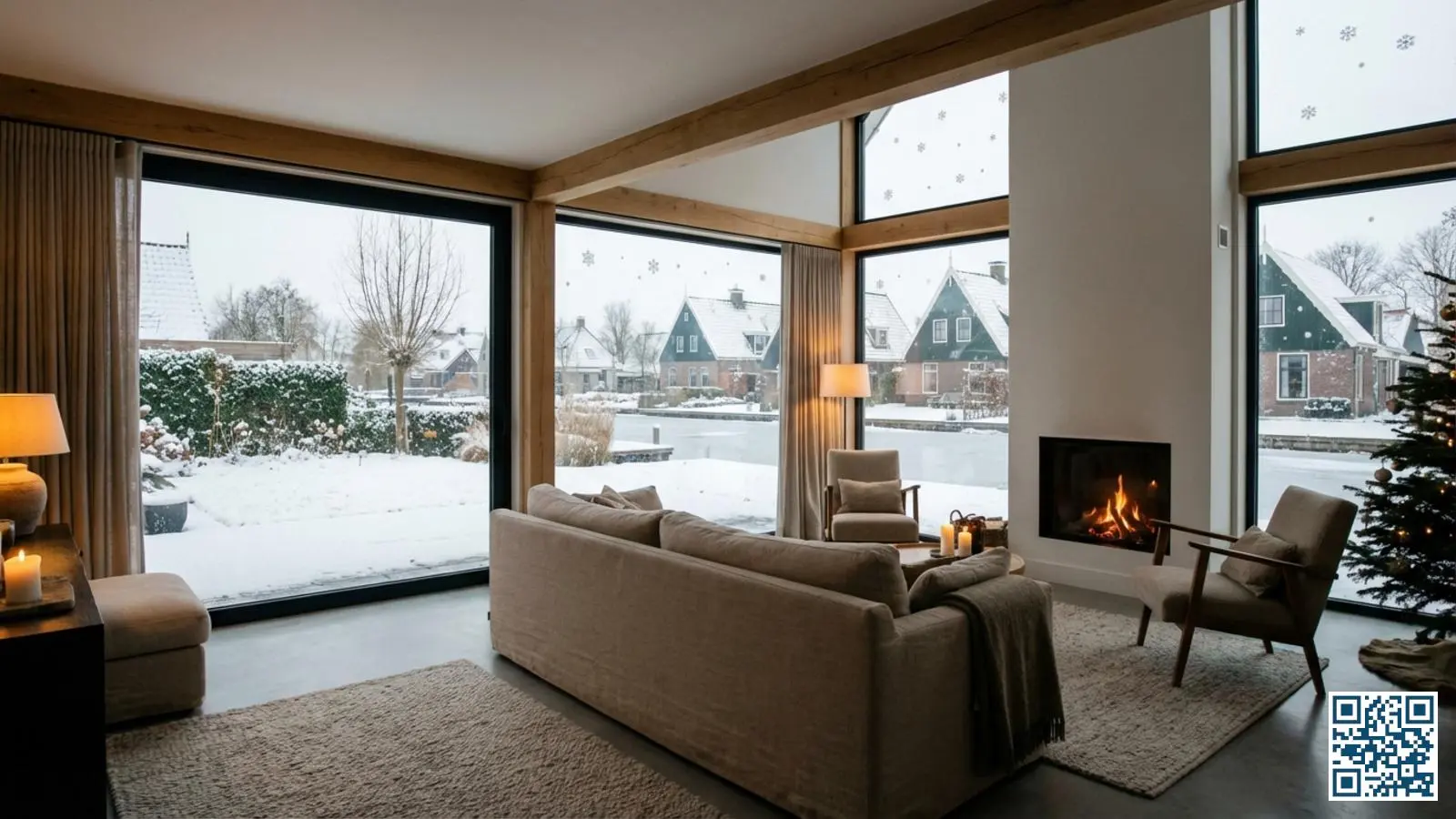 Warme woonkamer met grote triple glas ramen en uitzicht op een besneeuwde tuin in de winter