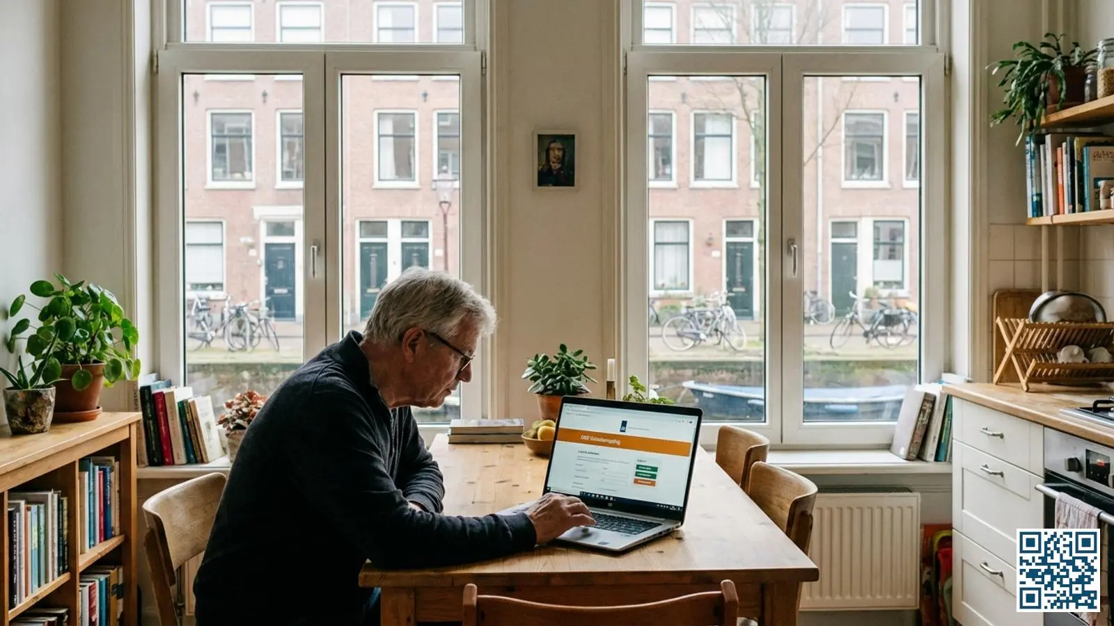 Nederlandse huiseigenaar berekent ISDE-subsidie voor HR-glas op laptop aan de keukentafel met uitzicht op Nederlandse woonwijk