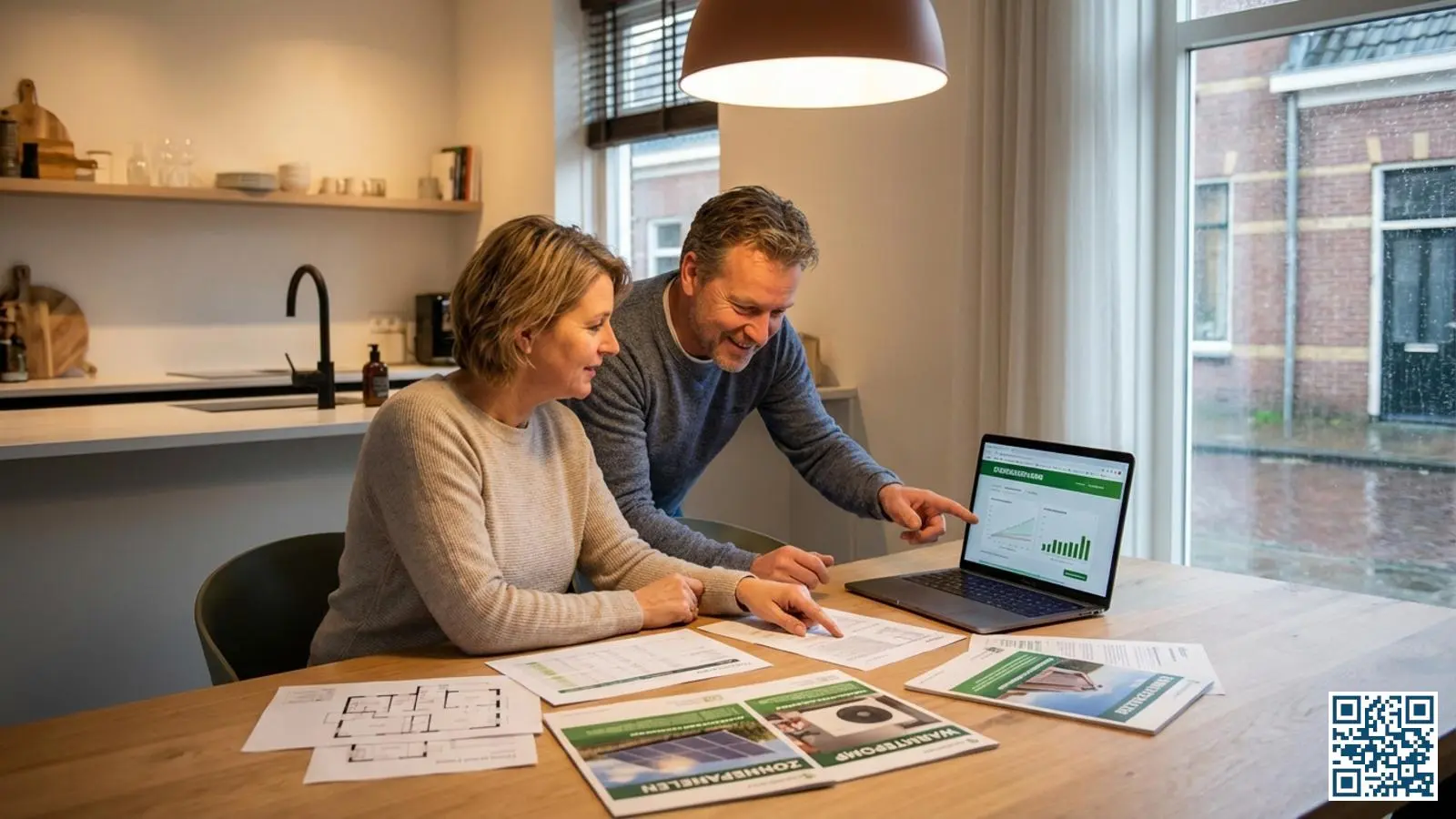 Nederlands stel plant aan de keukentafel hun isolatiemaatregelen met documenten en laptop