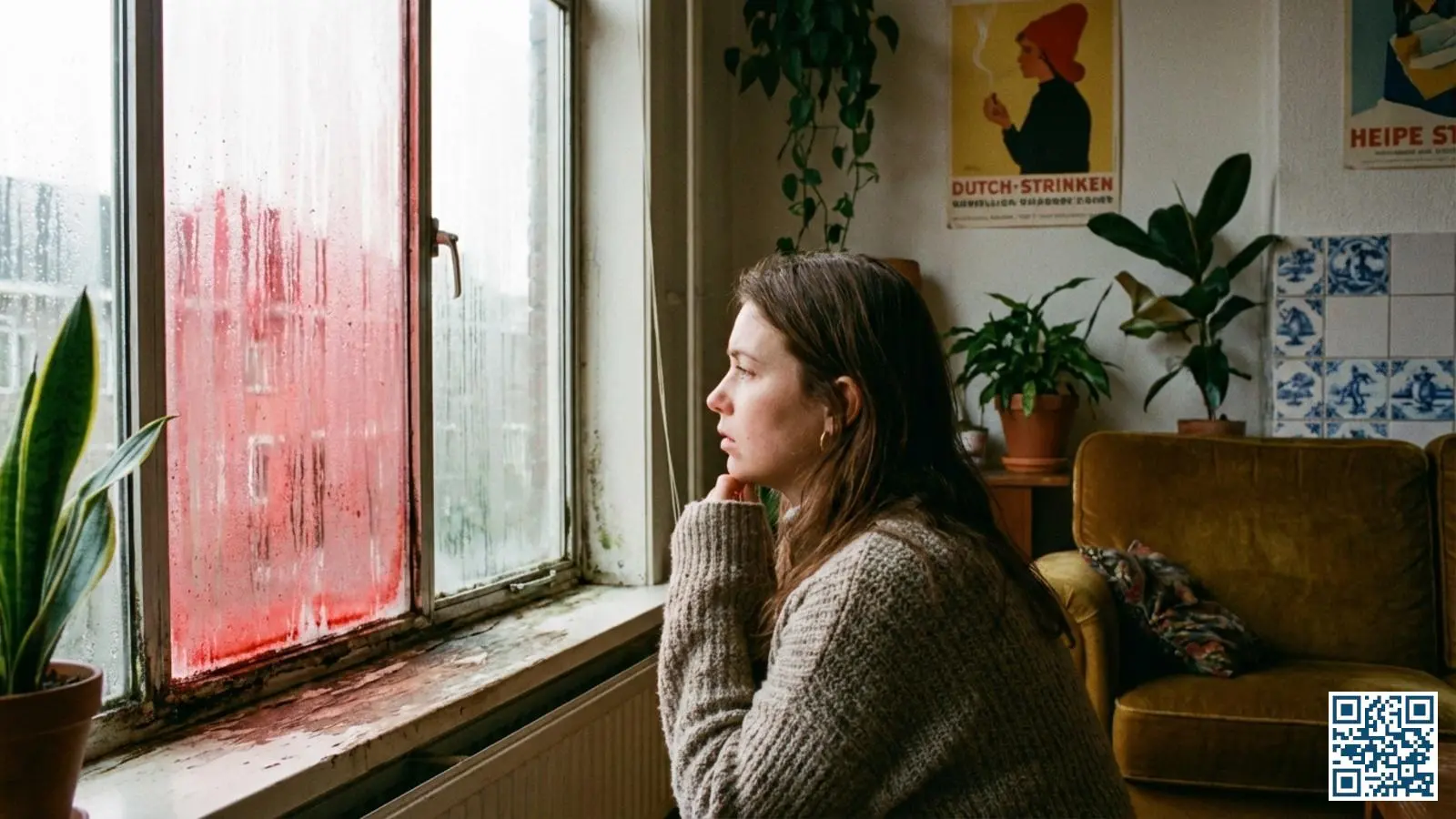 Huurder bekijkt een verouderd raam met condensatie in een typisch Nederlands huurappartement uit de jaren zeventig