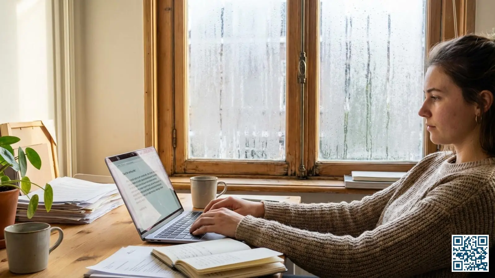 Huurder schrijft een brief aan de verhuurder over glasproblemen met een beslagen raam zichtbaar op de achtergrond
